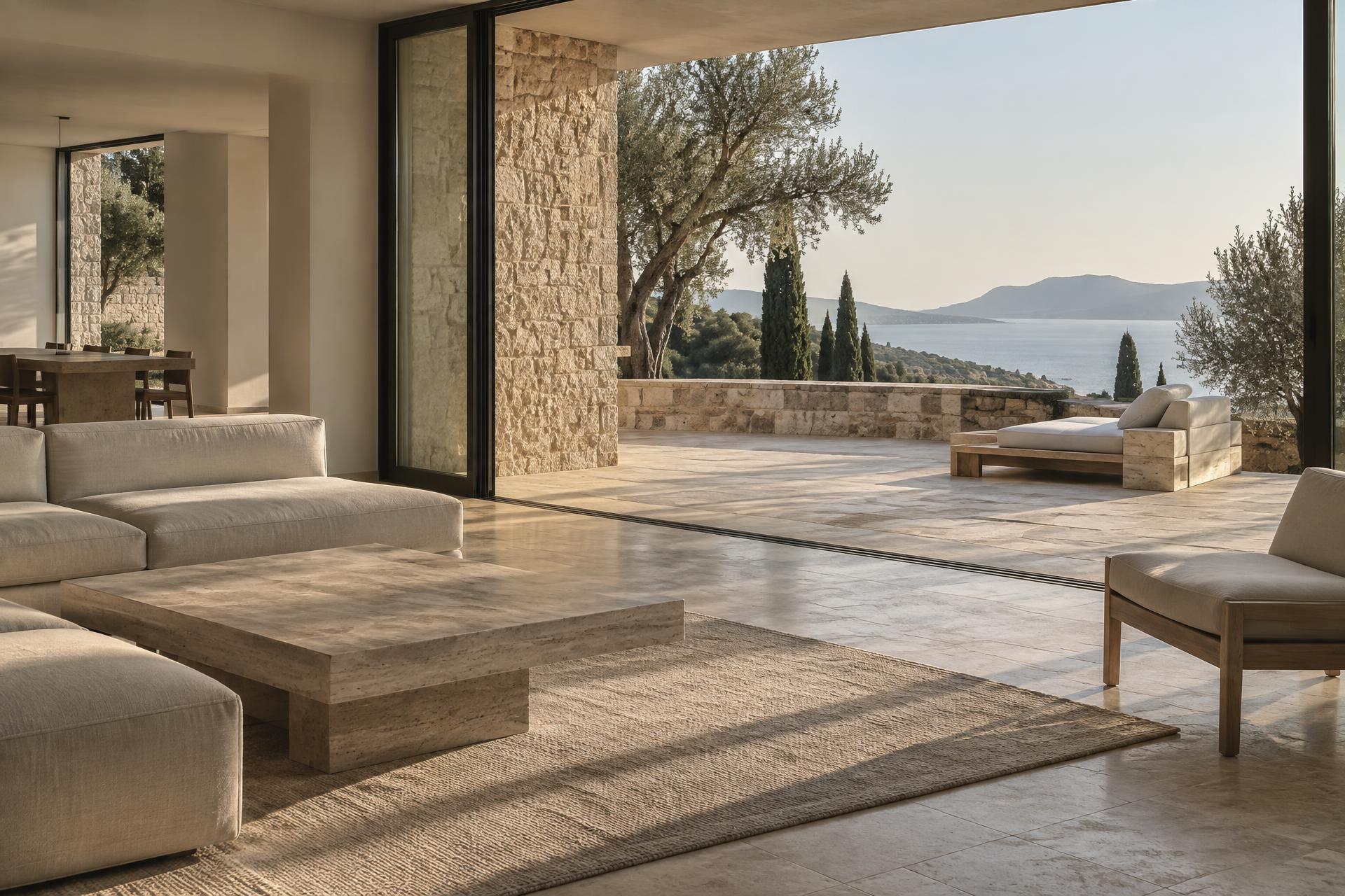 Restrained contemporary Riviera living space opening onto a stone terrace, with olive trees, cypress and the Mediterranean beyond in warm late-afternoon light